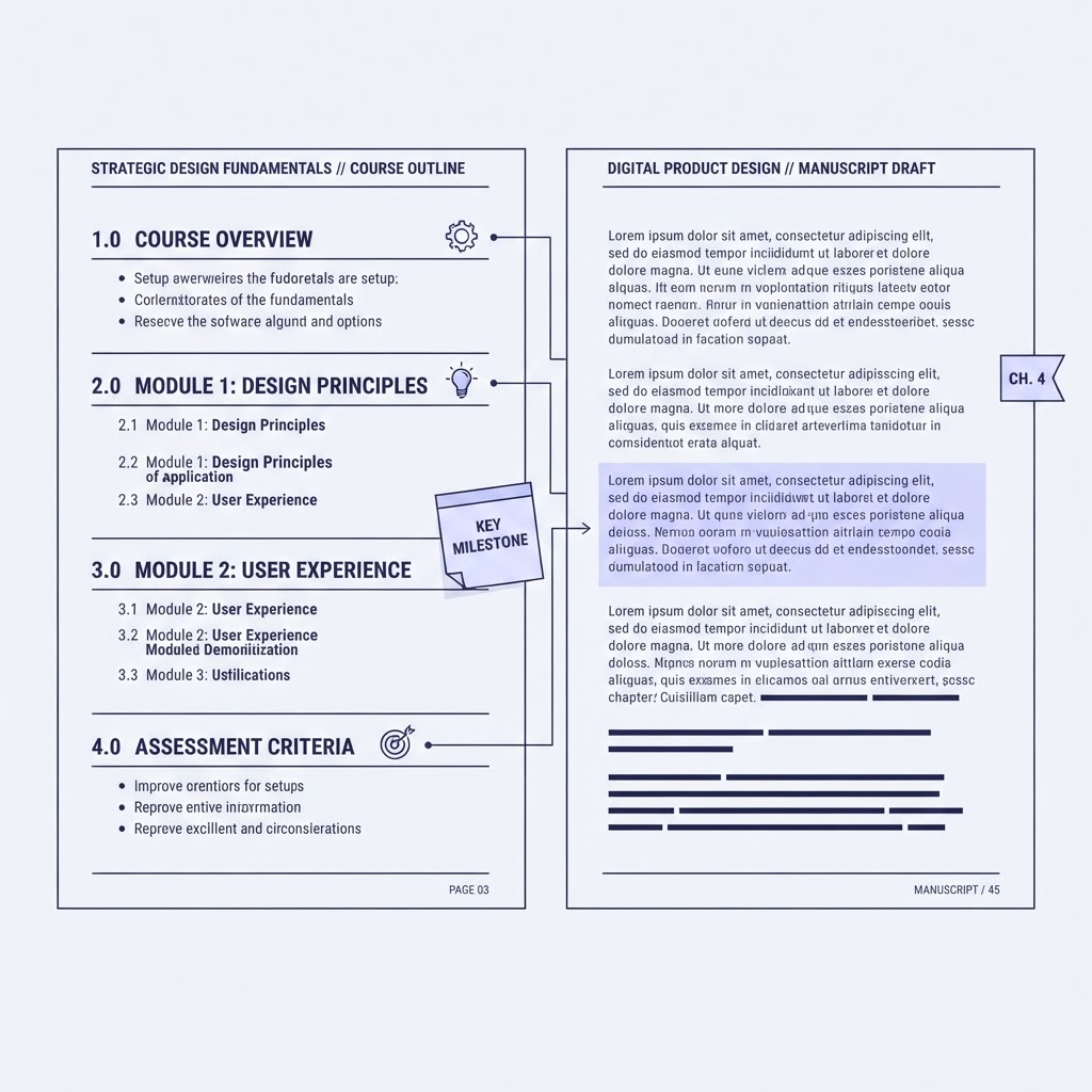 Illustrated outline document and manuscript pages with numbered sections and chapter markers