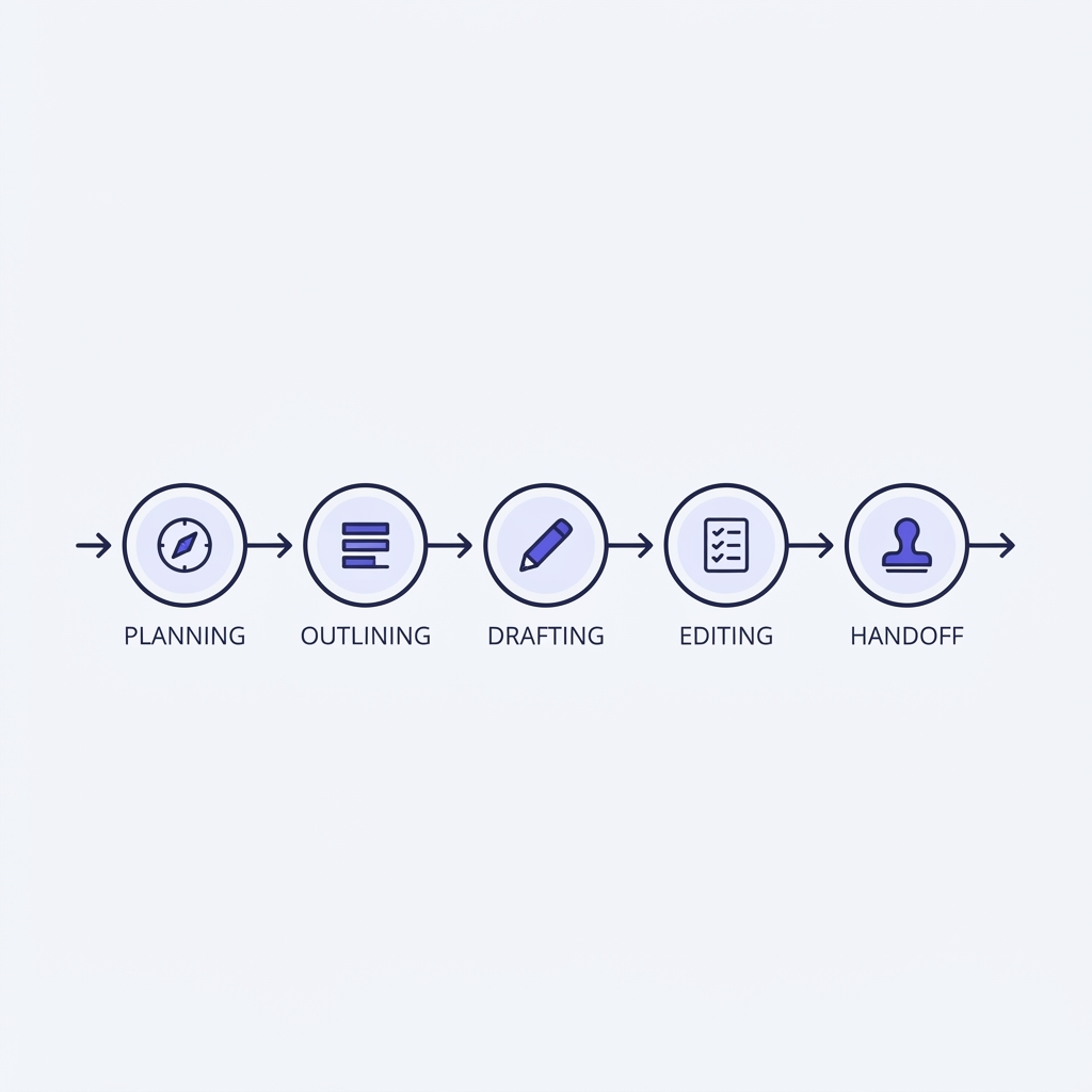 Abstract five-step process diagram with connected waypoints for planning, outlining, drafting, editing, and handoff